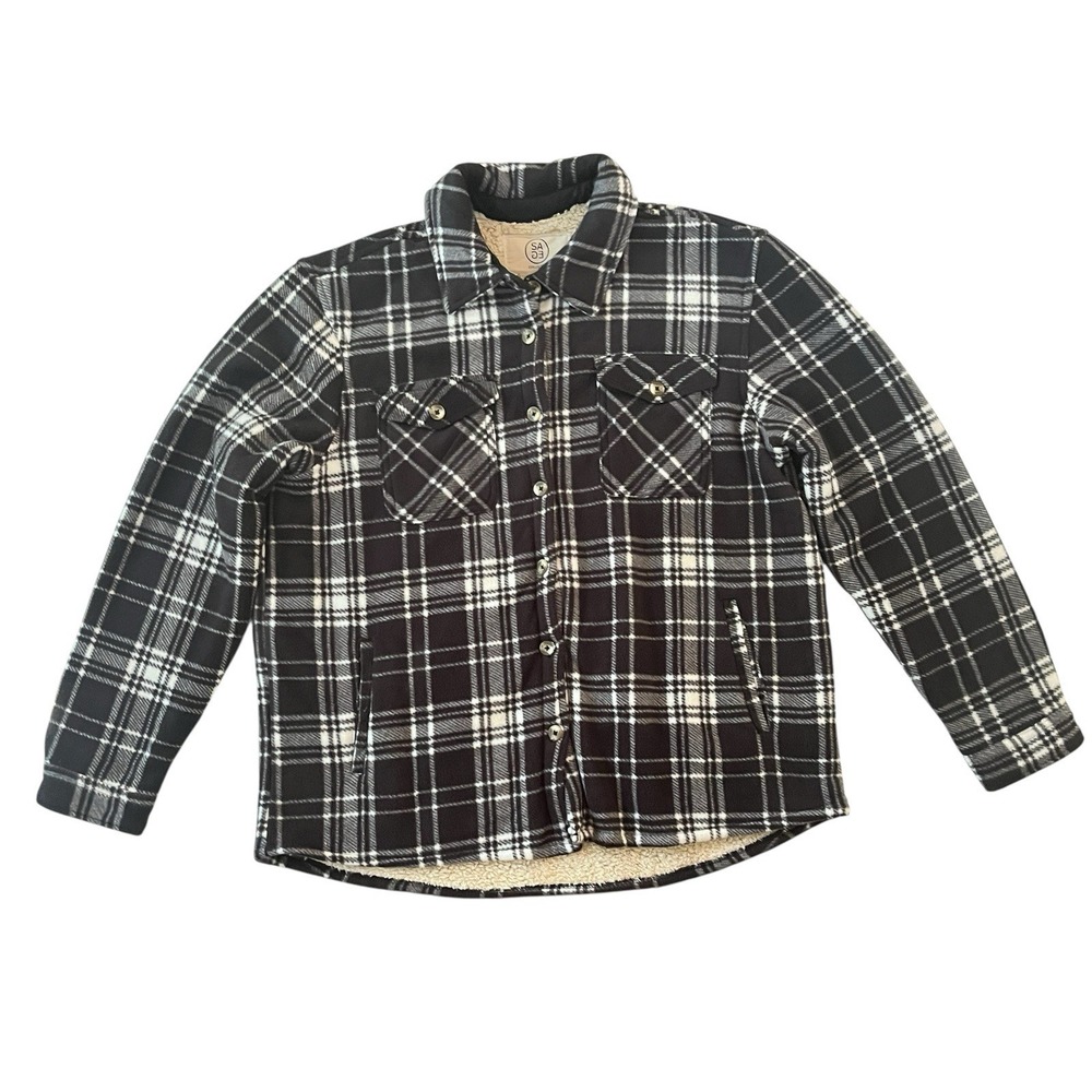 Sage Collective‎ Women's Size L Shacket Black White Plaid Flannel Sherpa Coat